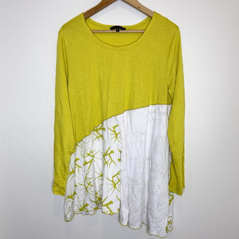Kozan Asymmetrical Long Sleeve Top Womens Medium Green Lagenlook White